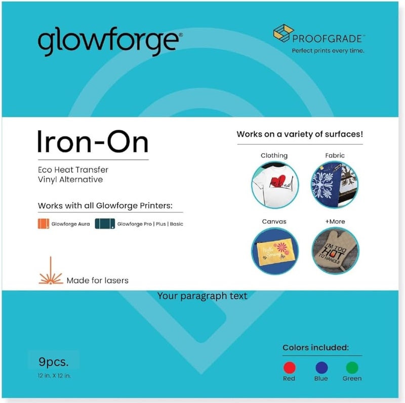 Glowforge Proofgrade Eco Iron-On Mix - 9 Sheets - 3 Each Red, Blue, and Green for Heat Transfer Laser Projects - 12x12 Inch Sheets for Creative Designs - Laser Ready - Perfect Prints Every Time - Image 1